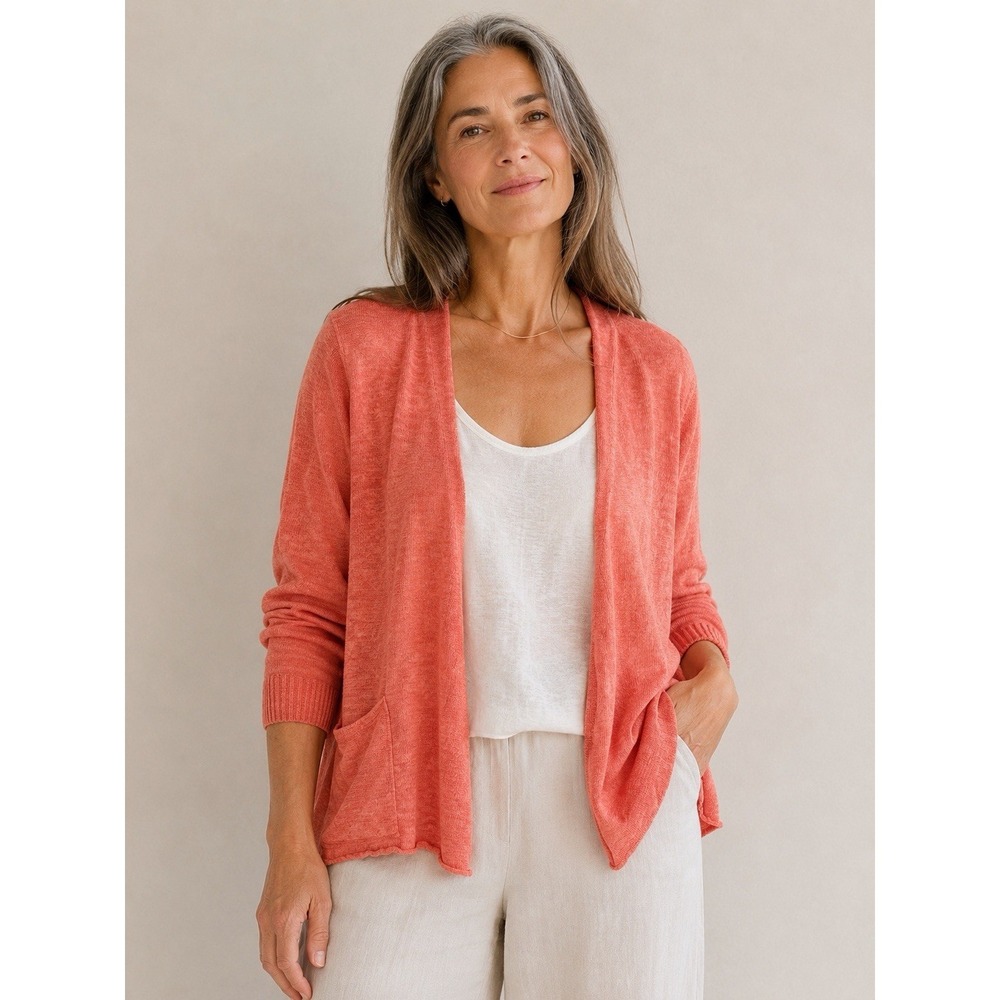 Eileen Fisher Cardigan Medium Linen Blend Open Coral Peach Relaxed Pockets GH4-3